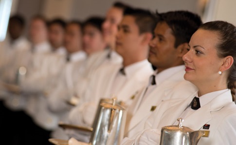 Waiters on Luxury Cruise ship with German language on Rotation